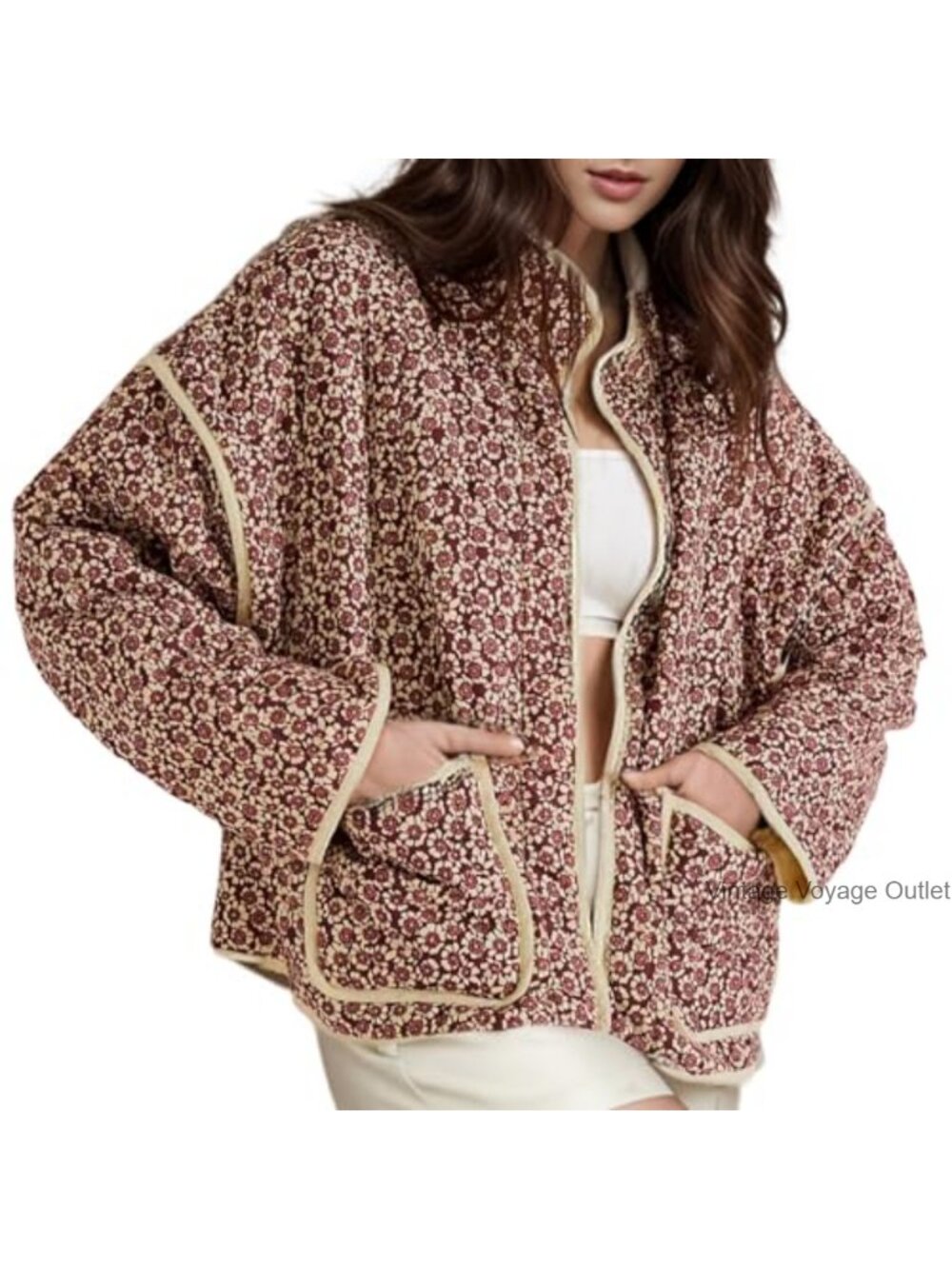 Women's Cropped Puffer Quilted Jacket Floral Print Open Front Lightweight